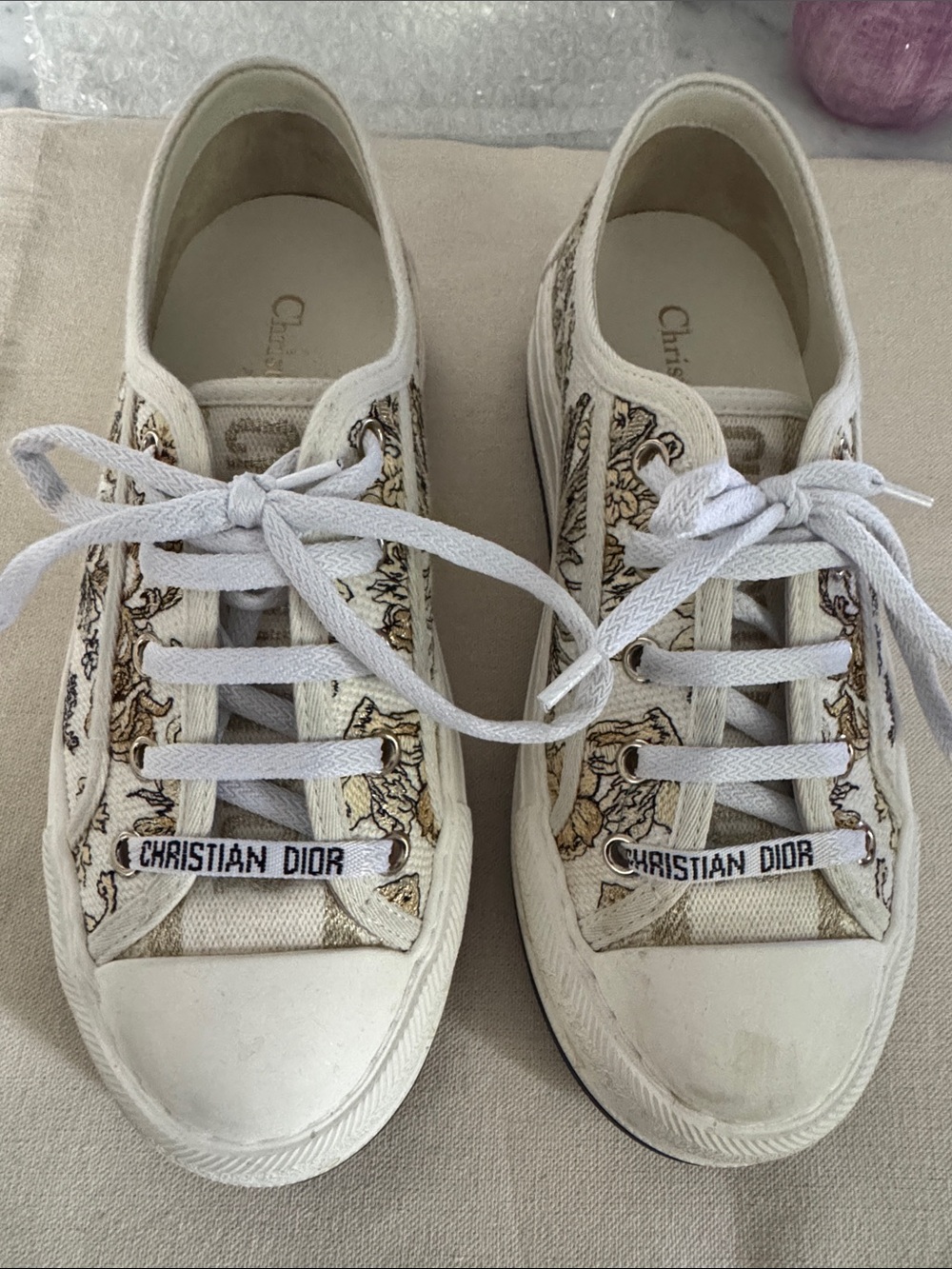 Dior White Canvas Sneakers with Beige & Gold Floral Print